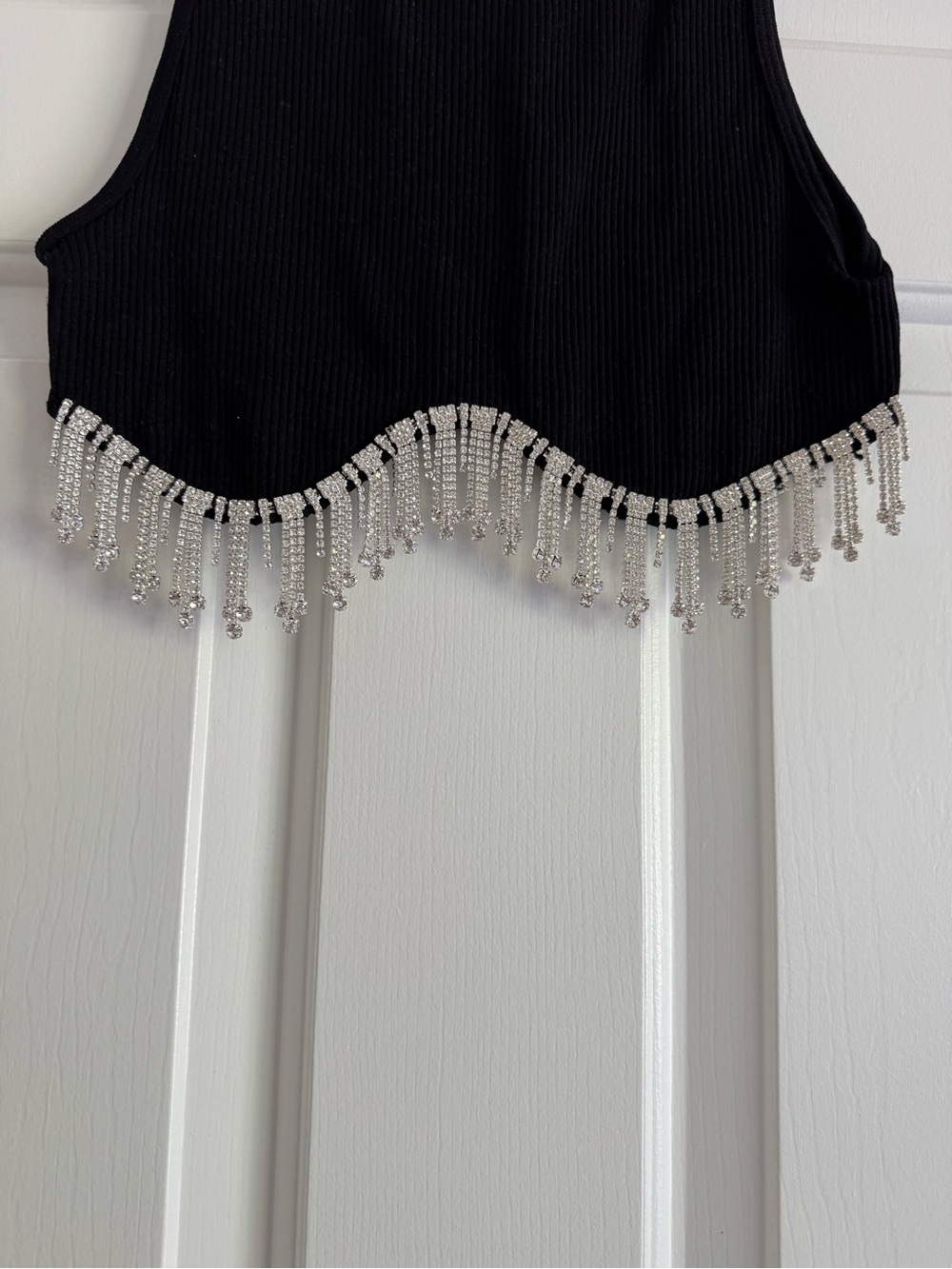 Zara Black Ribbed Crop Top with Silver Beaded Fringe Trim - Picture 3 of 7